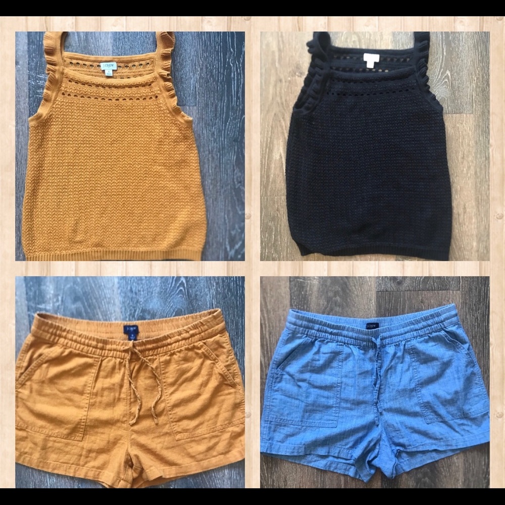 J. Crew Amber Knit Tank & Black Knit Tank with Amber and Blue Shorts
